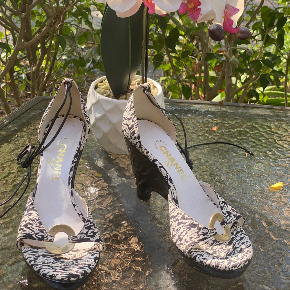 Chanel Vintage Black & White Logo Wedge Strappy Heels - Picture 1 of 16